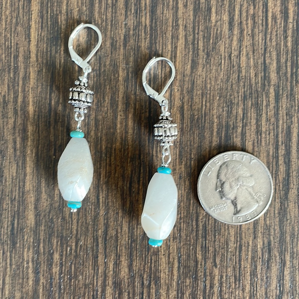 HAND CRAFTED EARRINGS White Milky Quartz Twisted Oblong Beads Turquoise Rondelle - Picture 4 of 10